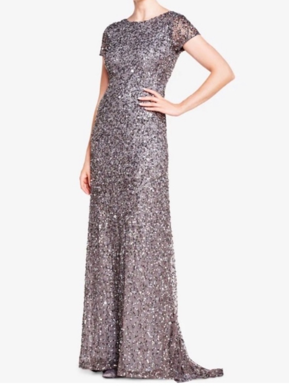 Adrianna Papell Womens Scoop Back Silver Lead Sequin Maxi Formal Evening Gown 18